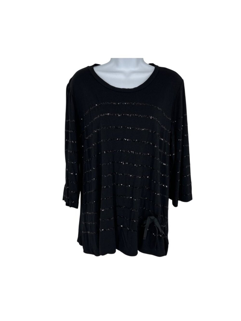 LOGO Instant Chic Black Sequin Striped 3/4 Sleeve Top With Bow Accent Size 1X